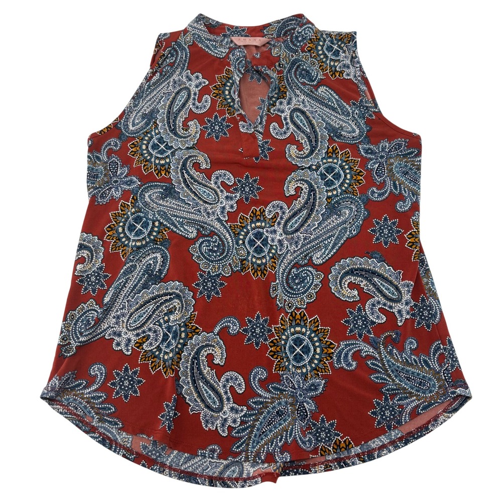 Amana Womens XL Paisley Sleeveless Split Neck Keyhole Top Rust Red T8004-BOM